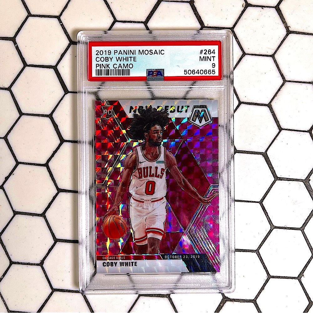 2019 PANINI MOSAIC COBY WHITE ROOKIE NBA DEBUT PINK CAMO PRIZM #264 RC - PSA 9